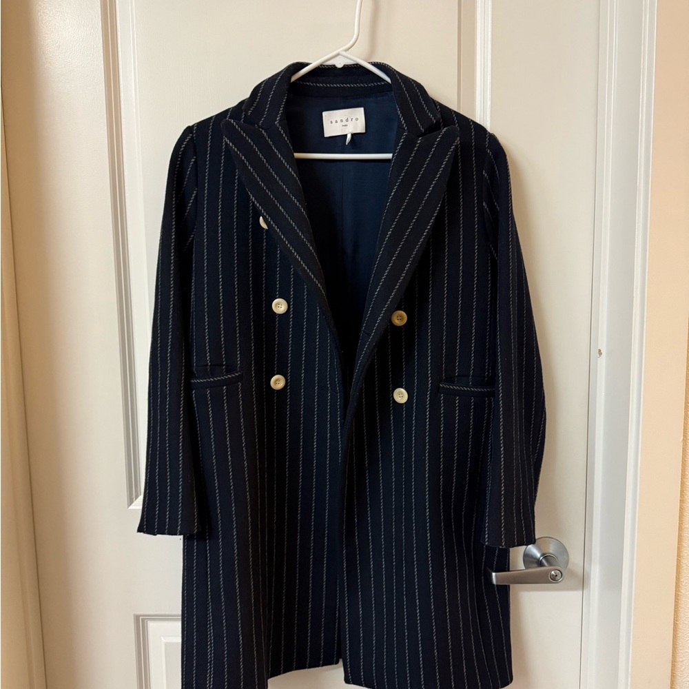 Sandro Navy Pinstripe Double-Breasted Wool Blend Blazer